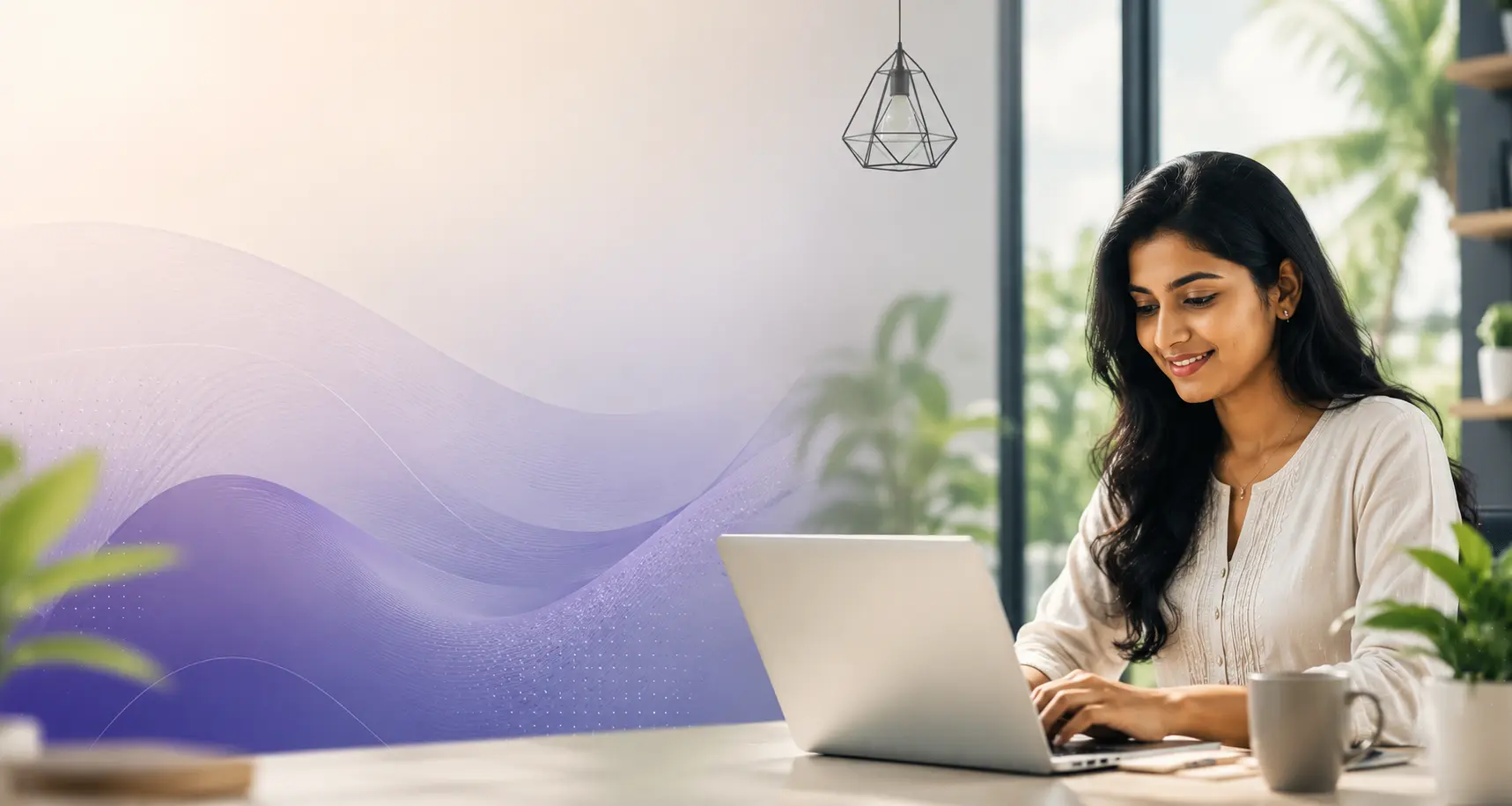 Modern Kerala woman working on a laptop in a creative digital marketing office breathe learning school with a clean professional workspace.